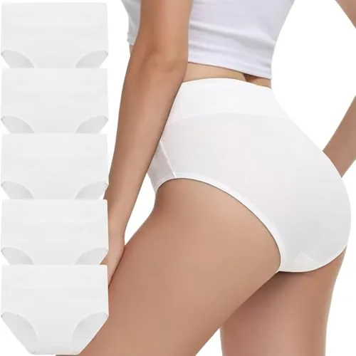 IceReco Damen Unterwäsche Unterhosen Damen Bauchweg Unterhose Baumwolle 5er Pack High Waist Slip Sportunterwäsche Schlüpfer Panties Briefs Underwear Stretch Atmungsaktiv Weich Weiß L