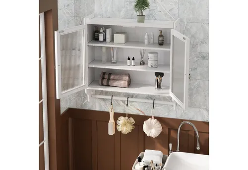 STILVORA Hängeschrank mit Glastür und Handtuchhalter – Vintage 63 cm - Eleganter Hängeschrank mit 3 Etagen für den optimalen Stauraum. Das moderne Rillenglas sorgt für stilvolle Lichtdurchlässigkeit. Ideal für Badezimmer, Küche und Esszimmer – platzsparend und funktional.