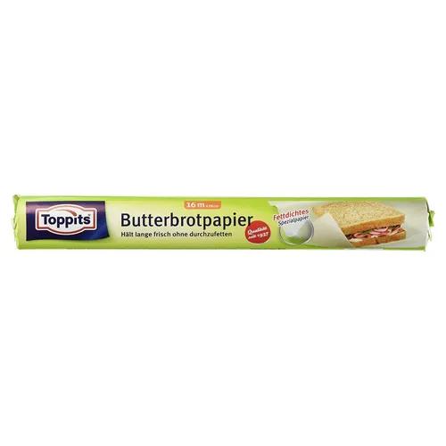 Toppits Butterbrotpapier, fettdichtes Qualitätspapier - Haushaltsrollen, Folien & Papier – Hält Brote und Snacks frisch, ideal für hygienischen Transport mit 16m Rolle für bis zu 50 Pausenbrote.
