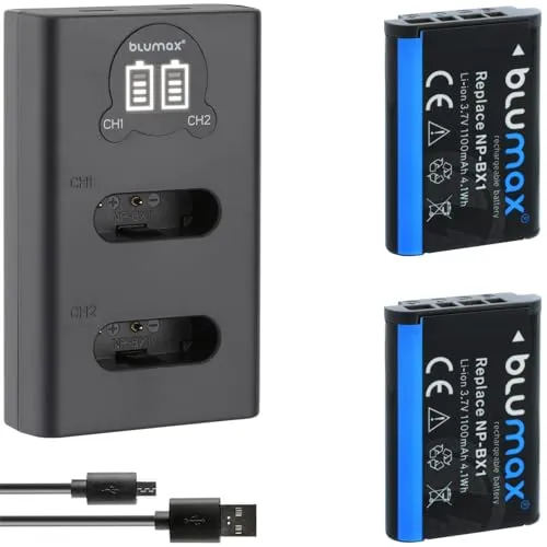 2X Blumax Akku kompatibel mit Sony NP-BX1 [ 1100mAh ] + Slim Dual Charger Sony ZV-1 II ZV-1 / Cyber-Shot DSC RX100 II III IV V VI VII - CX647 - WX500