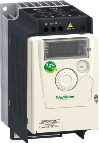 Schneider Electric ATV12H075M2 - Altivar 12 0,75kW 230V - Frequenzumrichter (VFD) für effiziente Motorsteuerung, ideal für energiesparende Anwendungen und einfache Integration.