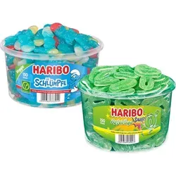 Set Haribo Die Schlümpfe & Saure Apfelringe 150 St. Dosen - Genießen Sie die beliebten Fruchtgummis von HARIBO: Die Schlümpfe mit ihrem einzigartigen Geschmack und die sauren Apfelringe für einen frischen Genuss. Ideal für jeden Süßigkeitenliebhaber!