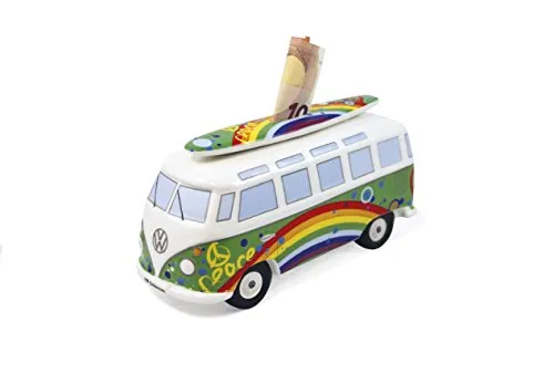 BRISA VW Collection - Volkswagen T1 Bulli Sparbüchse mit Surfbrett - Spardose im T1 Bulli Design, hochwertig und offiziell lizenziert von Volkswagen. Mit buntem Surfbrett und praktischem Gummipfropfen für einfaches Entleeren.