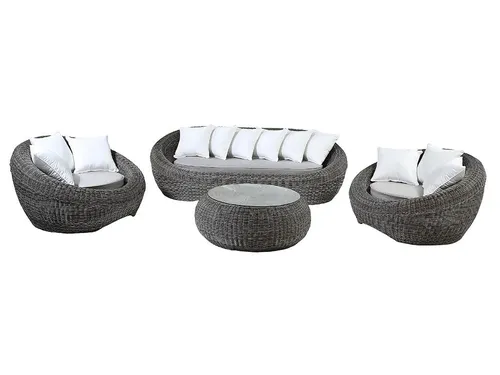 Vente-unique Garten Sitzgruppe Polyrattan - Grau - WHITEHEAVEN - Gartenmöbel Sitzgruppe mit Sofa, 2 Sesseln und Tisch, wetterfestes Polyrattan für langlebigen Komfort im Freien.