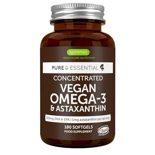 Omega 3 vegan,180 Kapseln, 1344mg Algenöl pro Tag mit 600 mg DHA & EPA, Omega 3 Algenöl hochdosiert mit 1mg Astaxanthin, 1 Monat Vorrat, von Igennus