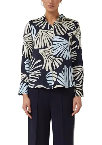 s.Oliver Black Label Damen Bluse 2174909 Blue 48 - Elegante Langarmbluse mit Hemdkragen und V-Ausschnitt. Auffälliges Blattmuster in Kontrastfarben, ideal für stilvolle Anlässe.