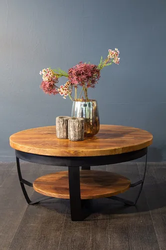 Austin Couchtisch - Runder Wohnzimmertisch aus Mangoholz Ø 70 cm - Stilvoller Couchtisch aus Mangoholz mit praktischer Ablage und modernem Metallgestell, ideal für jedes Wohnzimmer.