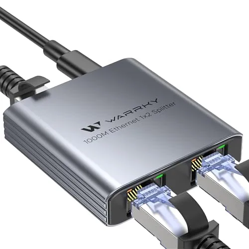 WARRKY LAN Splitter 1 auf 2, 1000Mbps Ethernet Splitter mit Type-C-Netzkabel, [1,4cm ultraschlank, Integriert geformtes Aluminiumgehäuse] Gigabit LAN verteiler 2 Port, Net Switch für Cat 5/5e/6/7/8