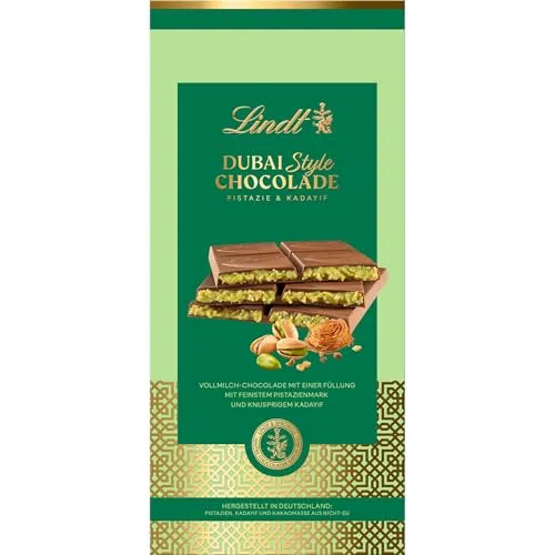 Lindt Dubai Style Schokolade Tafel 150g - Genießen Sie die Lindt Dubai Style Schokolade mit 45% Pistazienanteil und knusprigem Kadayif. Ideal als luxuriöses Geschenk oder zum persönlichen Genuss – ein unvergleichliches Geschmackserlebnis!