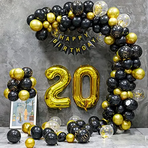 Geburtstag Deko, 20 Geburtstag Mann Frauen, 20 Jahre Geburtstagdeko, Happy Birthday Girlande Ballon Schwarz Gold Dekoration, Deko 20 Geburtstag Konfetti Luftballons Birthday Party 20