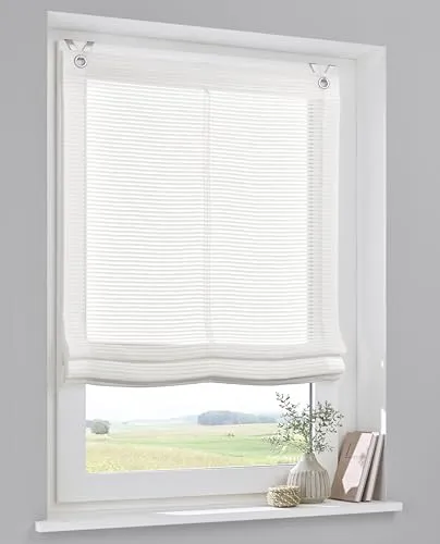 Kutti Raffrollo Areggo Weiß/Offwhite – Halbtransparentes Raffrollo ohne Bohren - Elegantes Raffrollo in Weiß/Offwhite mit feinen Querstreifen. Lichtdurchlässig für ein helles Ambiente, einfacher Einbau ohne Bohren dank Fensterhaken. Pflegeleichtes Material für langanhaltende Freude.