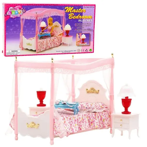 Meble dla lalek łóżko z baldachimem szafki lampki Leantoys 5905991085300