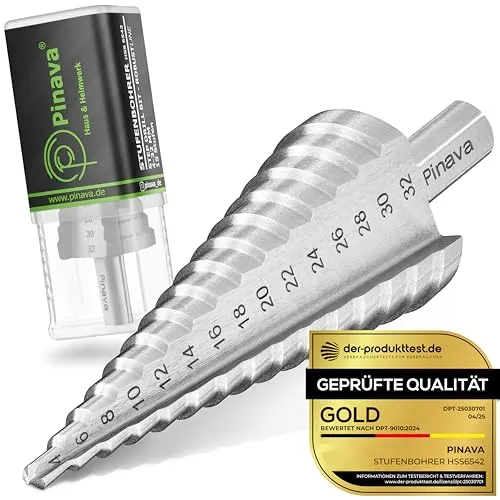 Pinava® Stufenbohrer [ROBUST Line] für Metall, Edelstahl, Kunststoff & Holz [Ø 4-32 MM] - Profi HSS Kegelbohrer - Schälbohrer 10mm Schaft - Blechbohrer Step Drill Bit