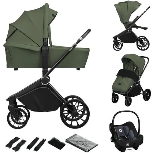 Lionelo Kombikinderwagen Mika Plus 3in1 - Olivgrün - 3-in-1 Kinderwagen mit Babywanne, Buggy und Kindersitz, ideal bis 48 Monate. XXL-Verdeck mit UPF50+ schützt vor Sonne und Wetter. Universelle All-Terrain-Räder für höchsten Komfort.