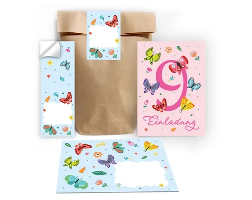 JUNAPACK Einladungskarten Schmetterling zum 9. Geburtstag Einladungen mit Umschlägen Mitgebsel, Mitbringsel Set Schmetterlinge zum neunten Geburtstag Gastgeschenke