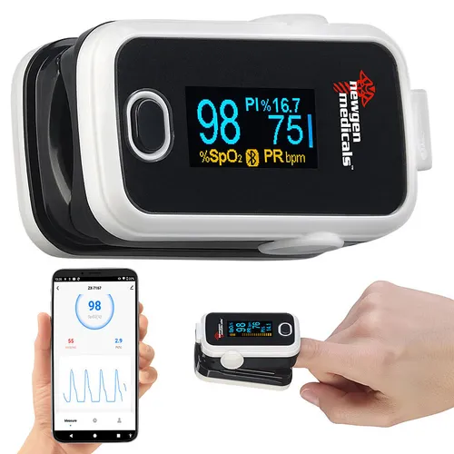newgen medicals Pulsoxymeter: Bluetooth Finger-Pulsoximeter mit OLED-Display - Oximeter für präzise Messung von Sauerstoffsättigung und Pulsfrequenz. Ideal für Sportler und Patienten mit Atemwegserkrankungen. Mit kostenloser App zur Datenanalyse und Alarmfunktion.