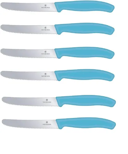 Victorinox Tafelmesser Swiss Classic (Karibikblau, 6er Pack) - Tafelmesser aus rostfreiem Chromstahl mit Wellenschliff, ideal für Brot und Aufschnitt. Spülmaschinengeeignet und langlebig – perfekt für jede Brotzeit!