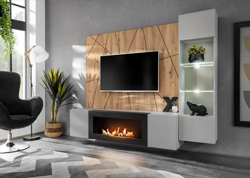 ASM-Moebel Wohnwand XARI PGAS-K mit Bio-Ethanol Kamin - Moderne Wohnwand mit LED-Beleuchtung, inklusive Bio-Ethanol Kamin für gemütliche Abende. Einfache Selbstmontage mit klarer Anleitung, ideal für stilvolle Wohnräume.