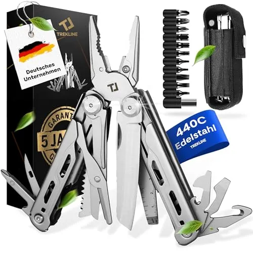 TREKLINE Premium Multitool Werkzeug – 28 Funktionen für jedes Abenteuer - Multitool aus rostfreiem Edelstahl mit patentiertem Snap Lock System. Ideal für Camping und Outdoor-Aktivitäten, unzerstörbar und vielseitig einsetzbar.