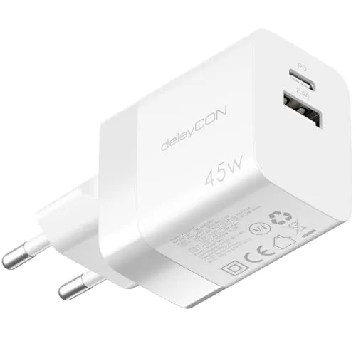 deleyCON Ladegerät USB A und C (2 Port - Kompaktes 45W Schnellladegerät) Netzteil für iPhone 16/15/14/13 Galaxy S25/S24/S23 Pixel Handy iPad Tablet MacBook Laptop Notebook USB Charger - Weiß
