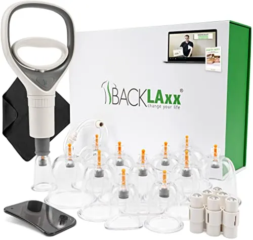 BACKLAXX ® Schröpfgläser Set mit Vakuumpumpe - Utensilien für Rückenmassage: Hochwertiges Schröpfset mit 12 bruchfesten Gläsern, Therapiemagneten und Videokurs für effektive Entspannung und Schmerzlinderung.