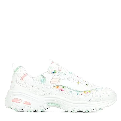 Skechers D'Lites Blooming Fields Damen Sneaker - Trendige Damen Sneaker mit floralem Muster, Leder-Obermaterial und Air-Cooled Memory Foam für höchsten Komfort. Ideal für jeden Tag und ein echter Hingucker!