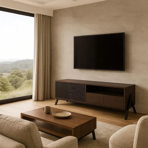 TV-Rack MCW-O40 - Modernes Lowboard mit Stauraum - TV-Halterungen mit kratzfester Melamin-Oberfläche, 2 Schubladen und Kabeldurchlass für ein aufgeräumtes Wohnzimmer-Design.