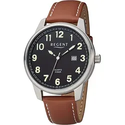 Regent Leder Herren Uhr F-1239 - Elegante Analog Armbanduhr mit Leuchtziffern - Armbanduhren mit braunem Lederarmband, eleganter silberner Edelstahl-Gehäuse und Leuchtziffern für gute Ablesbarkeit, wasserdicht bis 10 bar.