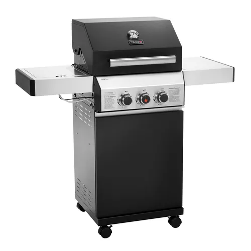 TAINO BLACK 2+1 Gasgrill mit Seitenbrenner - Grill für BBQ-Liebhaber mit 2 Brennern und Piezozündung, freistehend und mobil mit Rollen, integriertes Thermometer für präzise Temperaturkontrolle.