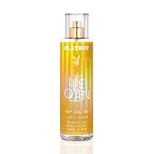 Playboy Like a Queen Body Mist 250ml - Veganes Body Mist mit einem einzigartigen Duftmix aus weißem Jasmin, Mandelmilch und Tonkabohne. Entfessle dein Selbstvertrauen und genieße die warme Aura – ideal für jeden Tag. Flasche und Verschluss sind recycelbar.
