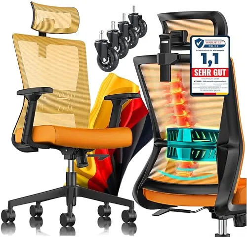KESSER® Ergonomischer Bürostuhl mit verstellbaren Armlehnen - Bürostuhl mit Lendenwirbelstütze und Kopfstütze, bietet maximalen Komfort und fördert eine gesunde Körperhaltung für langes Sitzen.