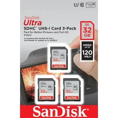 SanDisk Ultra 32GB SDHC Memory Card - 3er Pack, bis zu 120 MB/s - Speicherkarten für Kompaktkameras, wasserdicht und stoßfest; ideal für Full-HD-Videos und schnelle Übertragungen mit bis zu 120 MB/s.