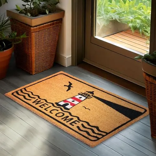 BRUBAKER Fußmatte für Außen und Innen - Welcome mit Leuchtturm - 45 x 75 cm Schmutzfangmatte aus Kokos - Antirutsch Fußabtreter Wetterfest und rutschfest - Maritime Türmatte für Haustür