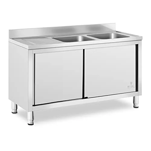 Royal Catering RC-IKS01 Spülenschrank mit 2 Becken - Waschplätze – Robuster Edelstahl-Spültisch mit Schiebetüren und 20 mm höhenverstellbaren Füßen für flexiblen Einsatz in beengten Räumen.