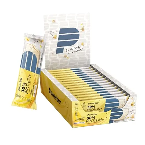 PowerBar Eiweissriegel Protein Plus 30% Lemon Cheesecake - Proteinriegel mit 30% hochwertigem Eiweiß für Muskelaufbau und -erhalt, ideal nach dem Training. Leckerer Zitronen-Geschmack und vegetarisch, perfekt für Sportler!