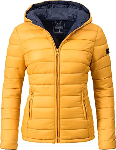 MARIKOO Damen Übergangsjacke leichte Steppjacke kurz mit Kapuze Lucy Gelb Gr. XL
