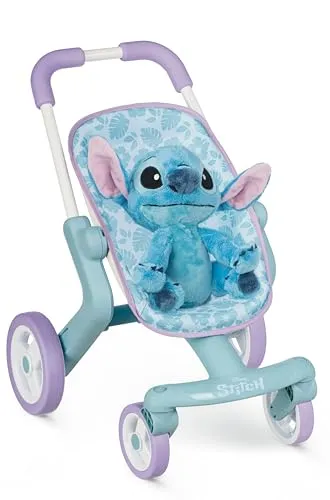 Smoby – Stitch Puppenwagen mit Plüschfigur - Handwagen für Kinder ab 18 Monaten – Ergonomischer Schiebegriff und drehbare Vorderräder für einfaches Schieben. Inklusive 25 cm Stitch Plüschfigur für fantasievolles Spiel.
