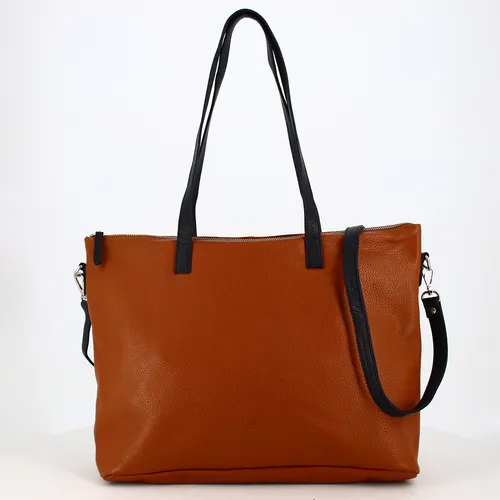 Prato LM K02 Asif Rindleder Shopper in cognac und dunkelblau - Handtasche mit Reißverschluss und abnehmbarem Schultergurt, ideal für stilvolle Auftritte. Maße: 40 x 30 x 11 cm, Volumen: 13 Liter, aus hochwertigem Rindleder.