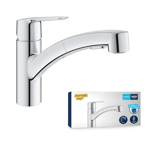 GROHE Start Einhand-Spültischbatterie mit Ausziehbrause - Elegante Einhand-Spültischbatterie mit flachem Auslauf und Ausziehbrause, ideal für die Einlochmontage. Robuste Oberfläche und präzise Steuerung für optimalen Komfort in der Küche.