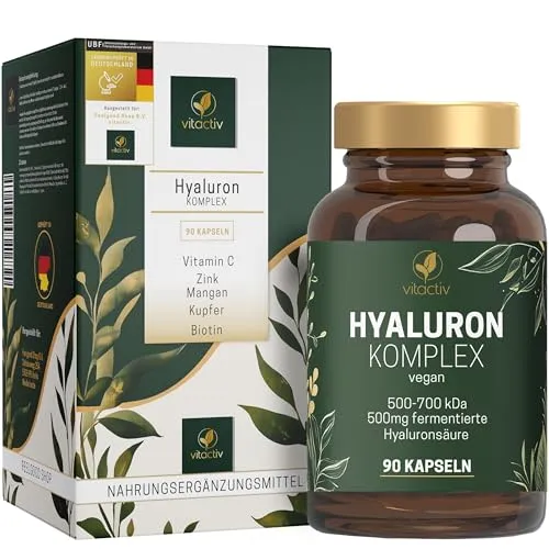 VITACTIV Hyaluron Komplex - Hochdosierte Hyaluron Kapseln mit Vitaminen - Erlebe die Vorteile von 90 veganen Kapseln mit 500 mg Hyaluronsäure, ergänzt durch wertvolle Vitamine und Spurenelemente. Ideal für die tägliche Unterstützung deiner Schönheit!