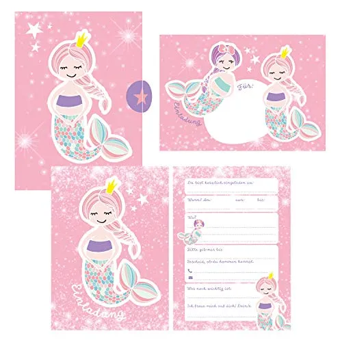 Glitzer Einladungskarten Meerjungfrau zum Geburtstag für Mädchen inkl. Umschläge | rosa glitzernde Geburtstagseinladungen für Kinder |: Einladungen ... Anlass + Kindergeburtstag, Übernachtungsparty 12