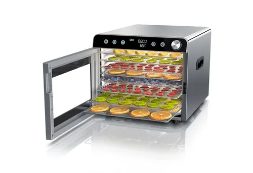 Arendo Dörrautomat Edelstahl mit Temperaturregler 30°-85°C - Vielseitiger Dörrautomat mit 8 Etagen und 700 W Leistung. Ideal für das Trocknen von Obst, Fisch und Fleisch. Genießen Sie gesunde Snacks bei leiser Betriebslautstärke von nur 45 dB!