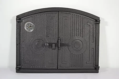 SEZAM Gusseisen Doppeltür für Pizzaöfen mit Thermometer - Halbrunde Ofentür, 48 x 3 x 38 cm, Schwarz - Die SEZAM Doppeltür aus robustem Gusseisen eignet sich ideal für Pizza- und Steinöfen. Mit integriertem Thermometer und praktischem Riegel sorgt sie für optimale Temperaturkontrolle und Sicherheit beim Backen.