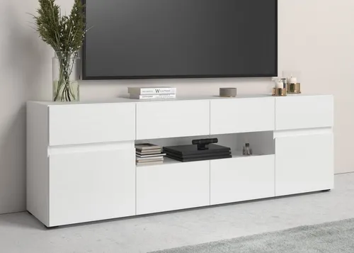 INOSIGN Lowboard Rimini, 180 cm in Weiß - TV-Halterungen mit 4 Schubladen und 8 Fächern, perfekt für eine stilvolle und funktionale Wohnzimmereinrichtung. Modernes Design und variable Einlegeböden bieten vielseitige Nutzungsmöglichkeiten.