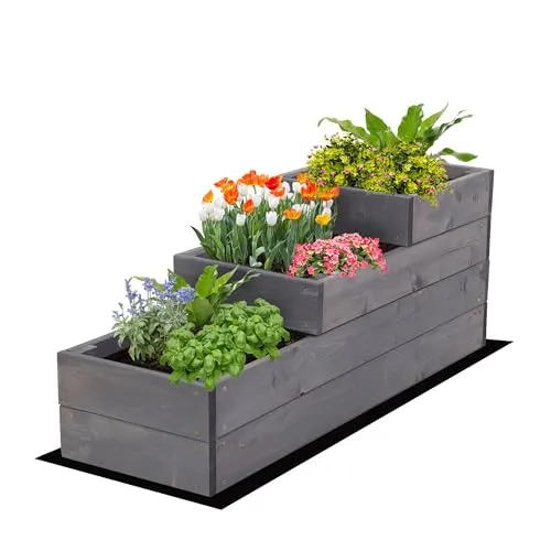 MODO24 Hochbeet Holz 3-stufig - Hochbeete-Kit für Balkon, Terrasse oder Garten, bietet durch drei Ebenen mehr Platz für Pflanzen und optimale Wachstumsbedingungen dank Gartenvlies.