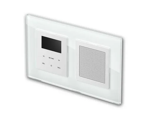 LOGIQ Unterputz Radio DAB+, UKW, Bluetooth mit OLED-Display - Vielseitiges Unterputz-Radio mit DAB+, UKW und Bluetooth. Inklusive edlem Glasrahmen für ein modernes Ambiente. Ideal als Radiowecker mit Weck- und Sleeptimer, erweiterbar für besseren Klang.