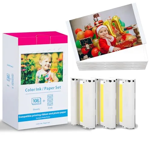 Ersatz für Canon Selphy CP1300 CP1500 KP-108IN Fotopapier 3115B001(AA) kompatibel für Canon Selphy CP1200 CP1000 CP800 CP810 CP910, 108 Blatt FotoPapier (100 x 148 mm) + 3 Patrone Set