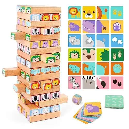 Nene Toys 4-in-1 Holz-Wackelturm – Familienspiel & Lernspiel aus Holz – Stapelspiel mit Bauklötzen, Karten & Würfel – Safari-Tierspiel für Kinder 3–9 Jahre