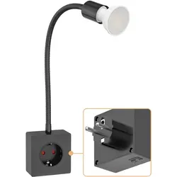 Ledscom.de Steckdosenlampe LESCH, chrom/schwarz mit GU10 LED 5,8W - Lampen mit integrierter Schuko-Steckdose für zusätzliche Geräte. Flexibel dimmbar in 3 Stufen, ideal für jeden Raum und jede Stimmung.