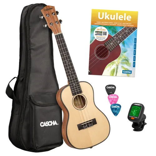 Cascha 2152 Solid Top Konzert Ukulele Bundle - Konzert Ukulele Set mit solidem Fichten-Top und Mahagoni-Korpus, ideal für Einsteiger und Fortgeschrittene. Inkl. Tasche, Stimmgerät, Plektren & Lernbuch für schnelle Fortschritte.